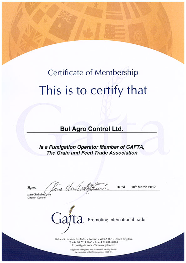 Bul Agro Control Ltd Gafta membership certificate